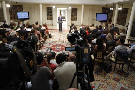 1/08/2014. Comparecencia del Presidente tras el Consejo de Ministros. El presidente del Gobierno, Mariano Rajoy, durante la rueda de prensa ...